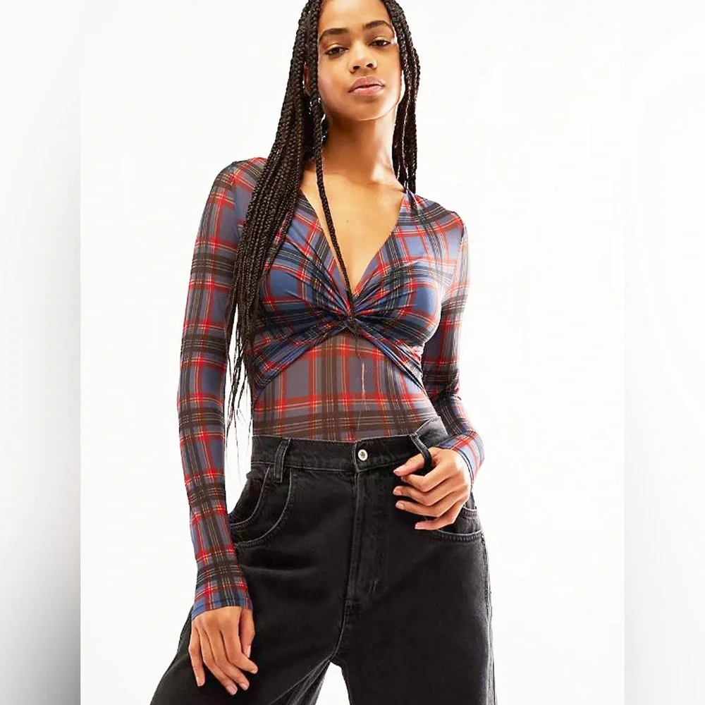 NWT Free People Only Hearts Lake District Twist Body Blue Plaid XL Mesh - Picture 3 of 5